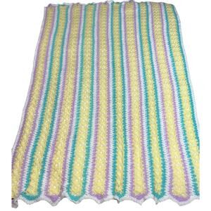 (NEW) Hand Knit Crochet Afghan Throw Blanket Striped Yellow/Multi 65”x48”